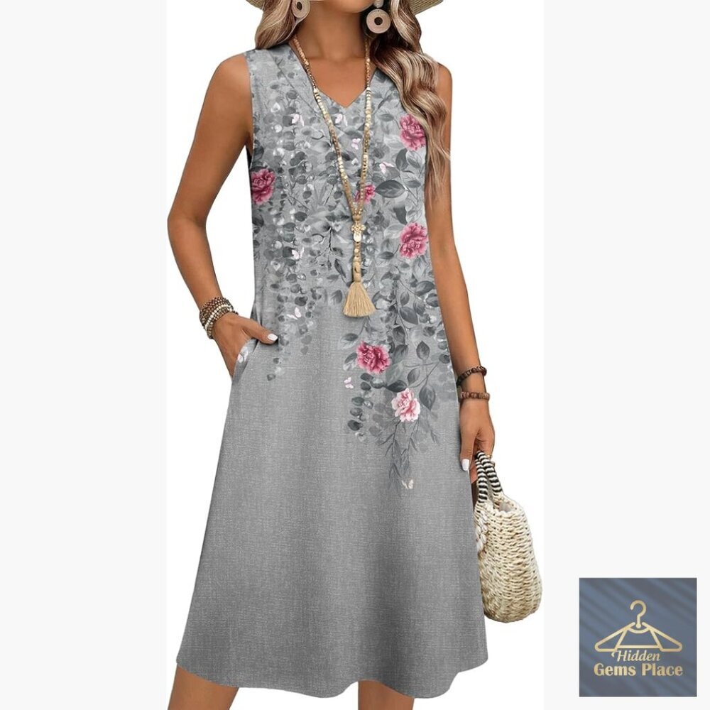 Sleeveless V-Neck Midi Sundress with Pockets, Casual Summer Beach Dress